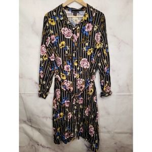 ASHLEY STEWART Black stripe floral button down long sleeve dress 18/20